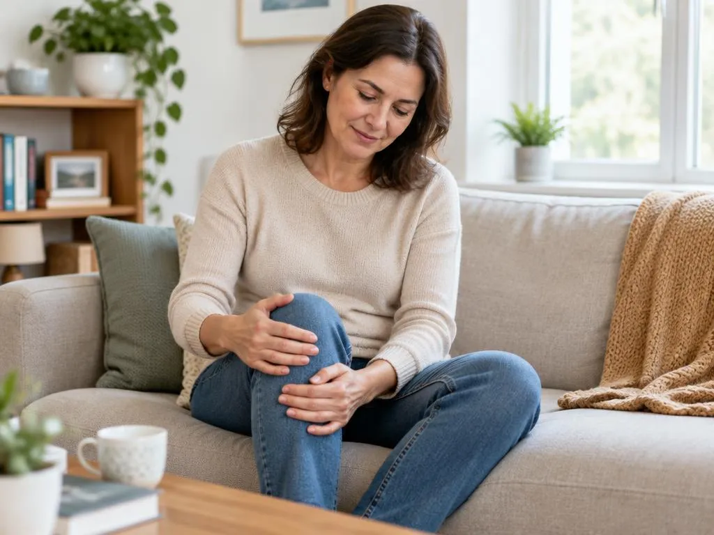Frau hält auf dem Sofa sitzend ihr Knie