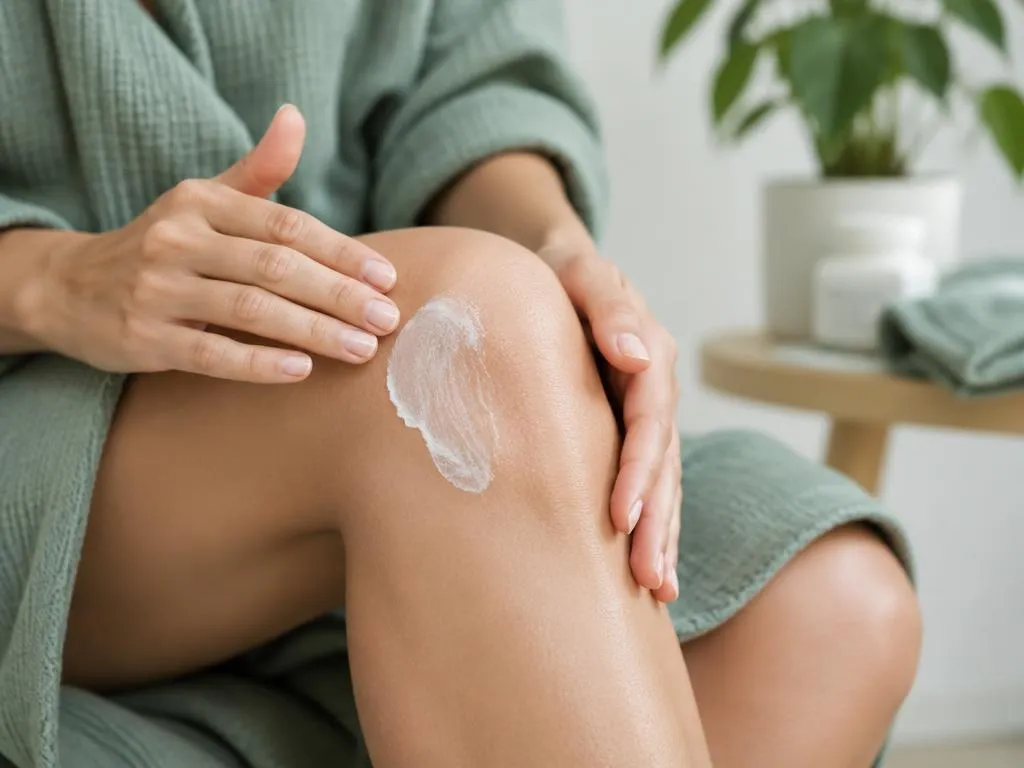 Hände massieren Pflegecreme sanft in das Knie ein