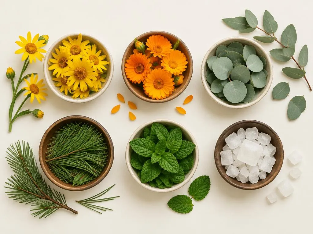 Arnika, Ringelblume, Eukalyptus, Kiefernnadeln, Minze und Kampfer in Schalen